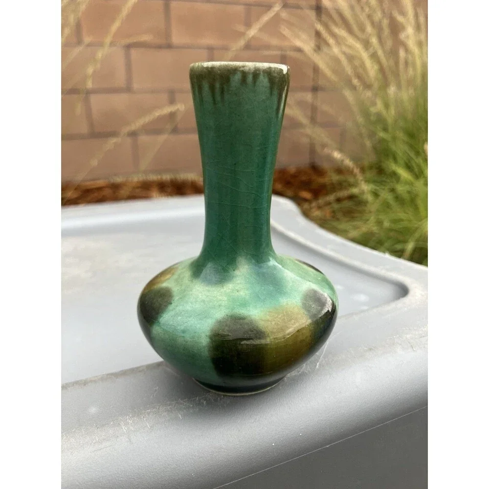VTG Studio Pottery Green Drip Glaze Bud Vase 4” Mid Century Style